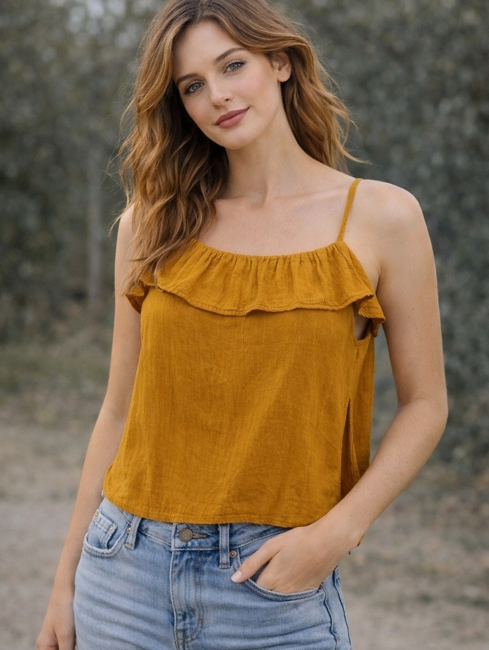 Old Navy Mustard Ruffle Camisole Tank Top – Flowy Boho Summer Style Size M